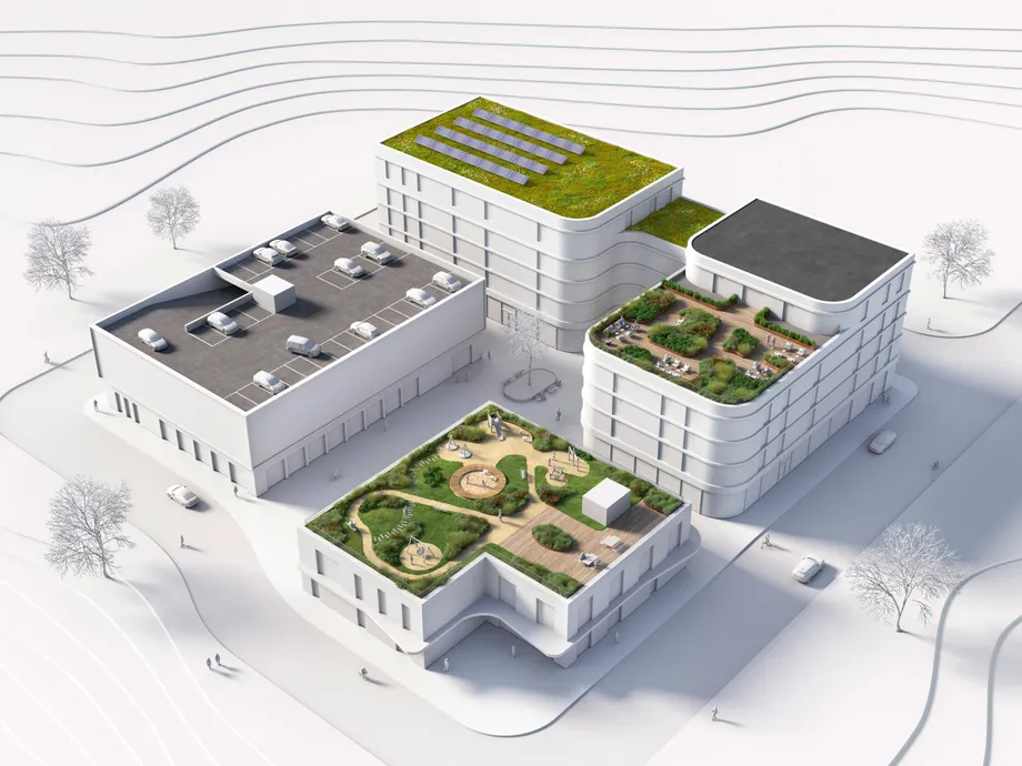 Arkkitehtuurimalli neljästä valkoisesta rakennuksesta, joissa on erilaisia kattoratkaisuja, kuten pysäköintikansi, kattoterassi, viherkatto ja maksaruokokatto, sekä aurinkopaneelit tasakatolla.