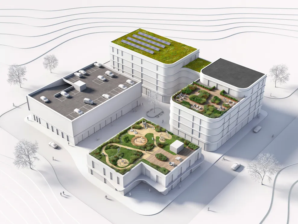 Arkkitehtuurimalli neljästä valkoisesta rakennuksesta, joissa on erilaisia kattoratkaisuja, kuten pysäköintikansi, kattoterassi, viherkatto ja maksaruokokatto, sekä aurinkopaneelit tasakatolla.