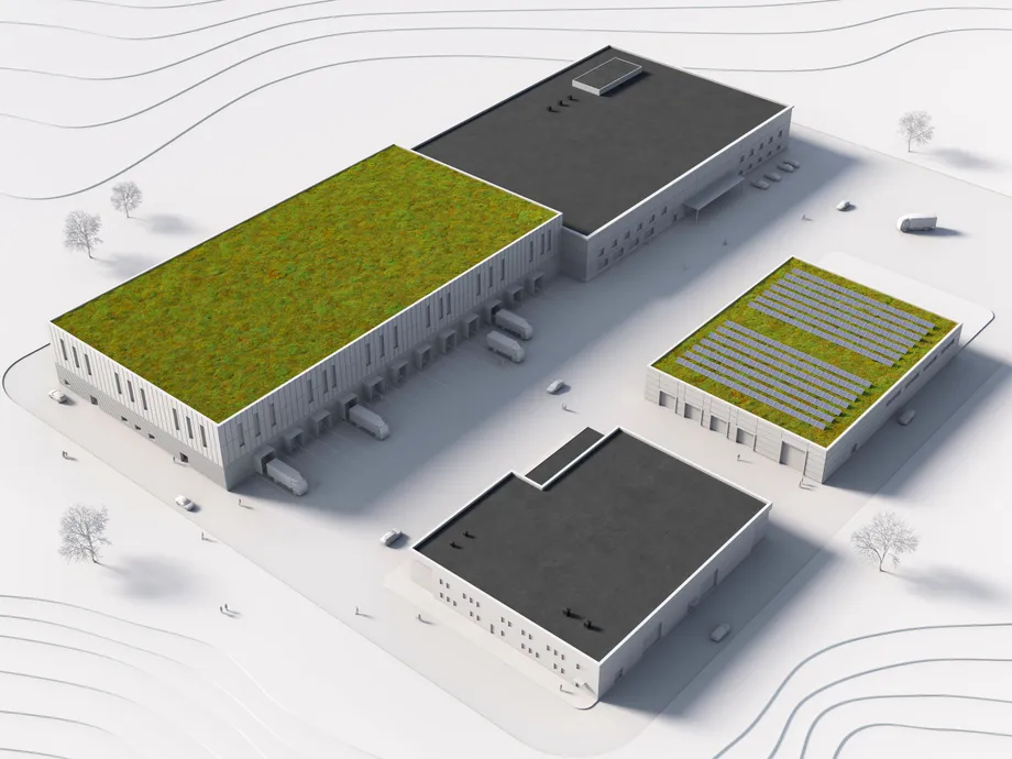 An architect model of an industrial area in white with different type of roofs, like universal, sedum and solar panels